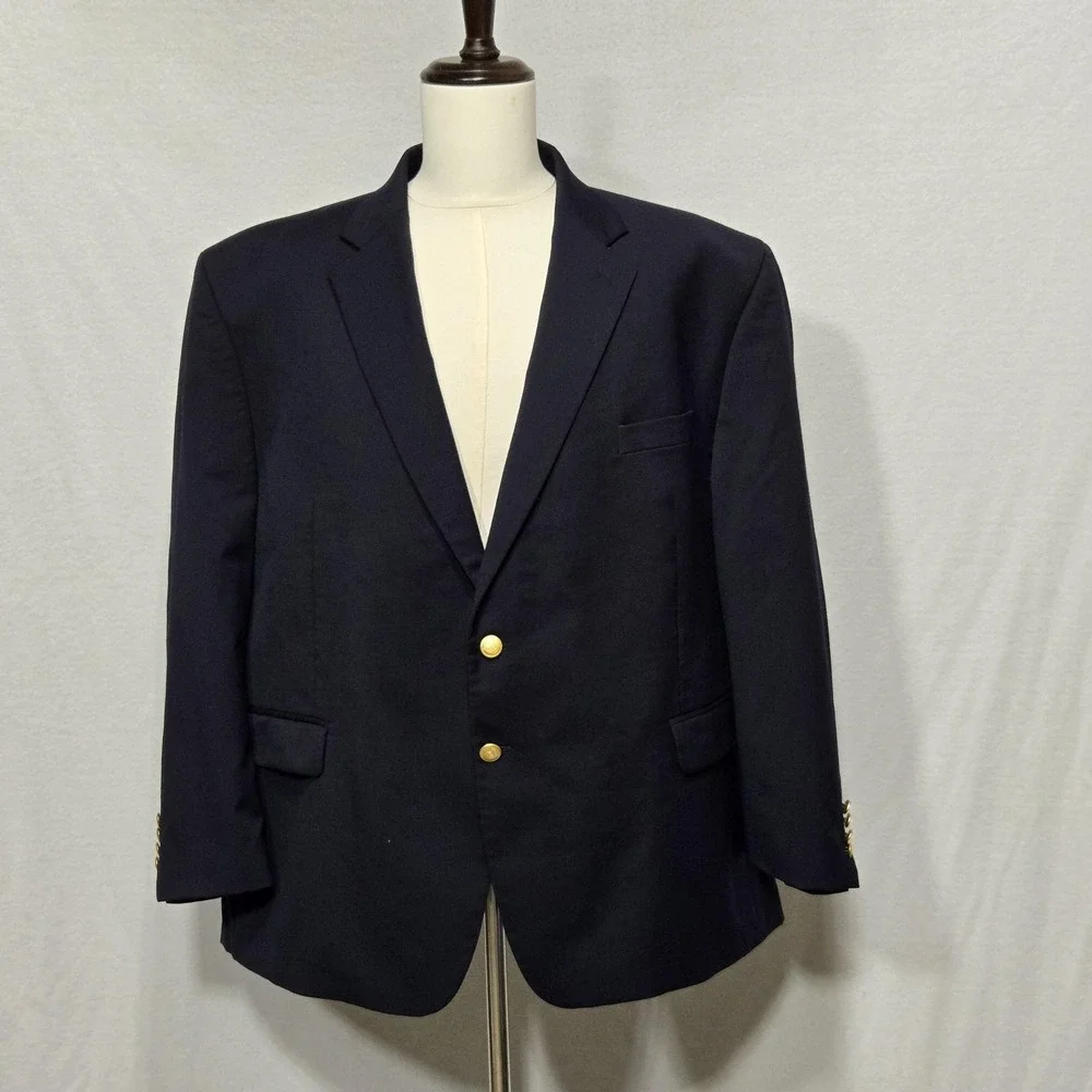 Chaps Blazer Mens 46R Navy Blue Two Button Wool Blend Gold Crest Buttons Classic